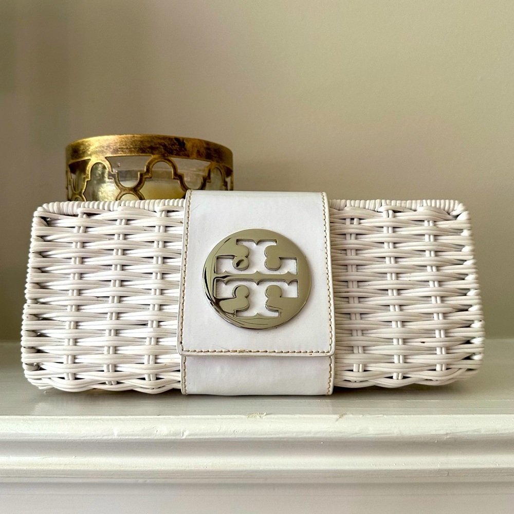 Tory Burch White Rattan Clutch with silver accents